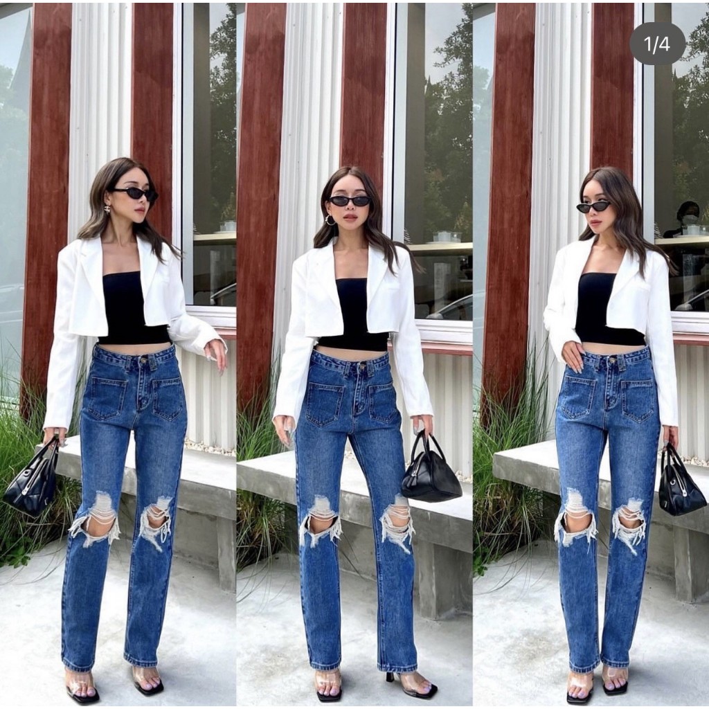 💥ขายดีที่สุด🔥 กางเกงยีนส์ กางเกงยีนส์ผูเหญิงเอวสูงแต่งขาดตรงเข่า ป้ายPhomthong