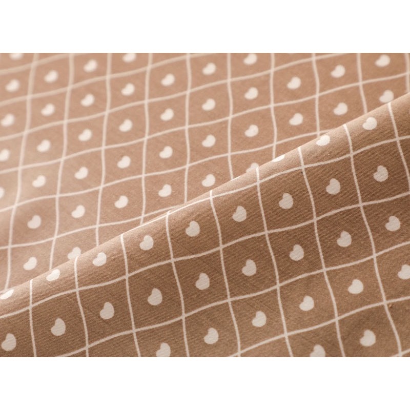 ผ้าาคอตตอน 100% คอตตอนทอทวิล ลายหมีพื้นขาว หัวใจน้ำตาลพื้นขาว ตารางหัวใจน้ำตาล