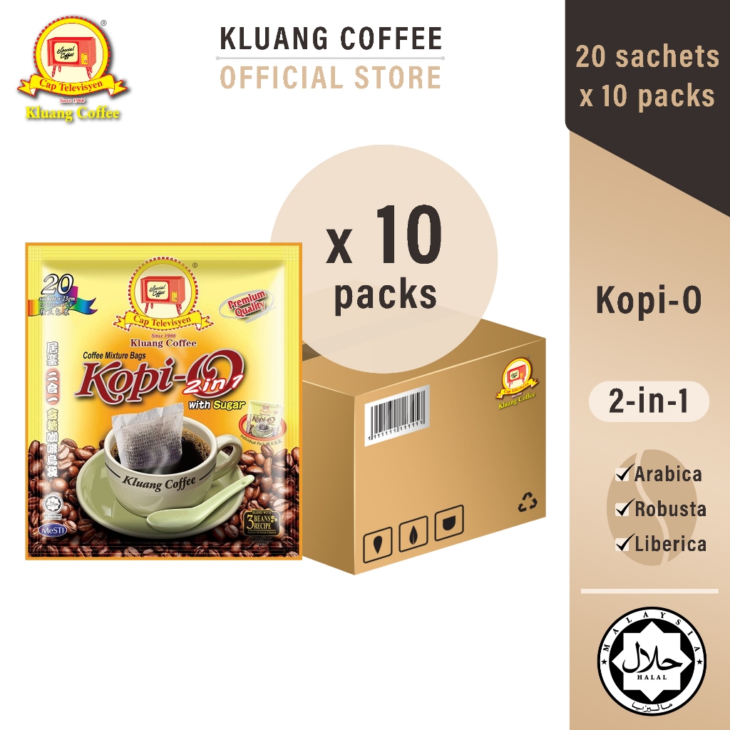 Kluang Black Coffee Cap TV Kopi-O 2in1 with Sugar (20 sachet x 10 pack) กาแฟดำ 2 อิน 1 น้ำตาล (20 ซอ