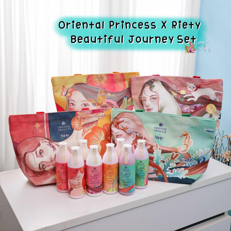 Set ของขวัญ Oriental Princess X Riety Beautiful Journey Set  (ครีมอาบน้ำ,โลชั่น spf 10,กระเป๋าผ้าลายน้องแมว)