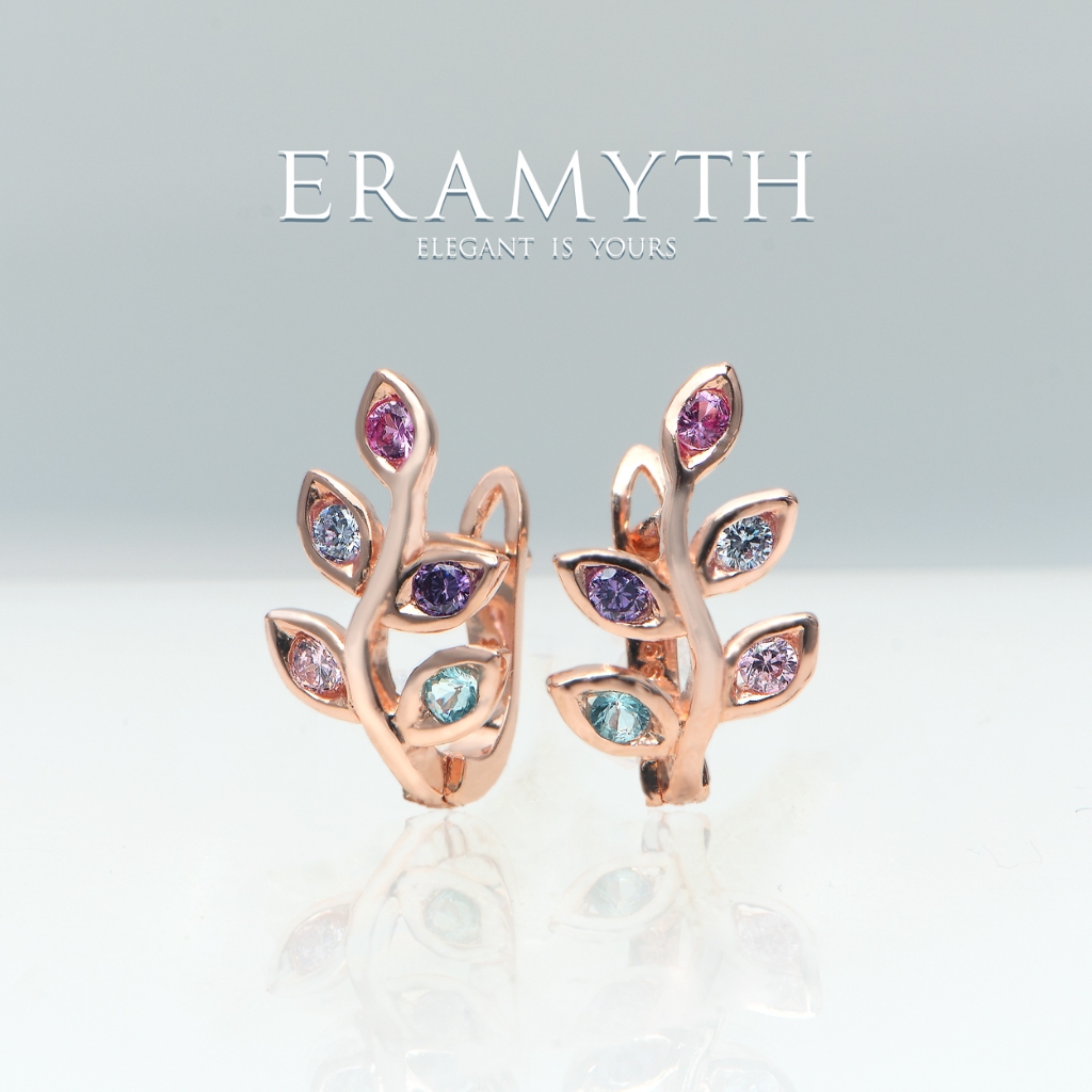 Eramyth Jewelry : ต่างหู ใบมะกอก ฝังเพชรสวิส CZ Multi-Colors เงินแท้ 92.5 ชุบโรสโกลด์ SH-0171-P99(พร