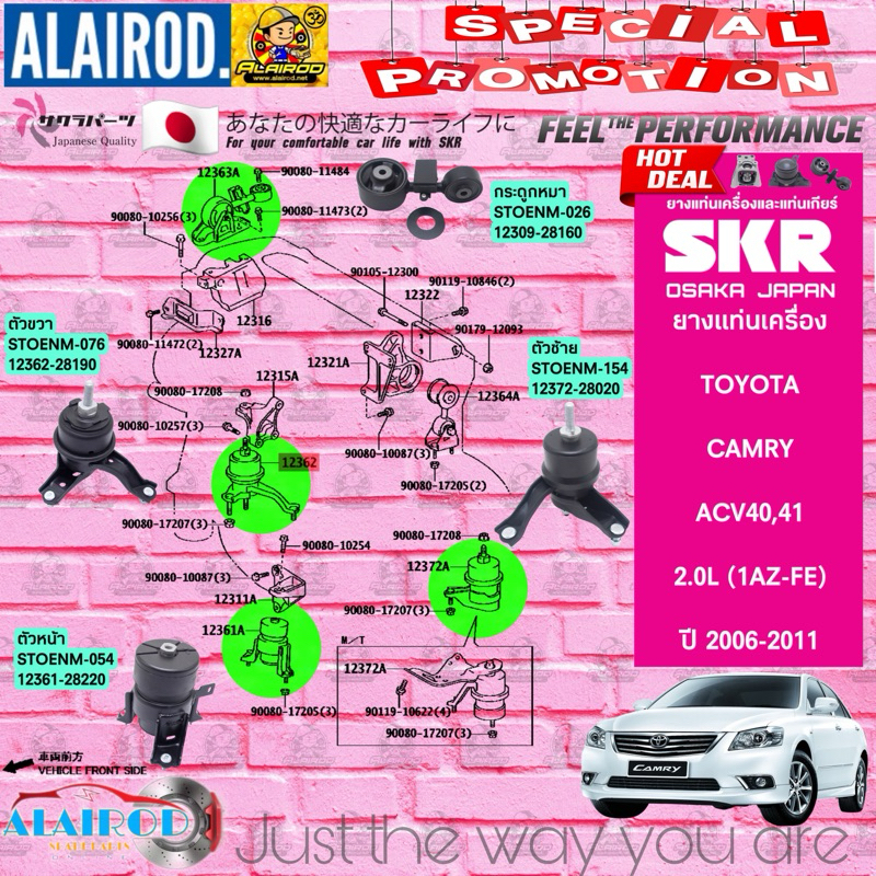 SKR ยางแท่นเครื่อง ยางแท่นเกียร์ Camry ACV40/41 เครื่องยนต์ 2.0 (1AZ-FE) ปี 2006-2011 กระดูกหมา โตโยต้า แคมรี่ คัมรี่