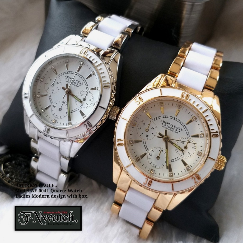 GRAND EAGLE รุ่น AE-004L นาฬิกาลำลอง นาฬิกาผู้หญิง อะนาล็อก สีดำและขาว ระบบควอทซ์ สายเซรามิก สีเงิน กันน้ำ พร้อมกล่อง