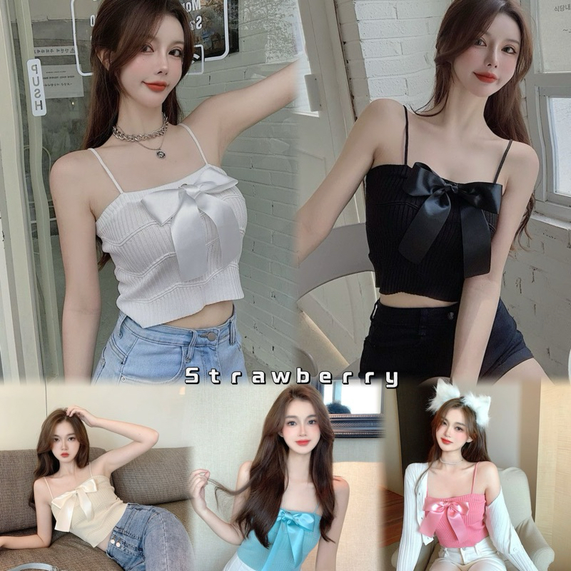 🌟พร้อมส่ง🌟สายเดี่ยวไหมพรมเอวลอยครึ่งตัว​ แต่งจีบโบว์ สีพื้น มี5สี เสื้อถักกุทัณฑ์  เซ็กซี่สวย แฟชั่น สำหรับผู้หญิง