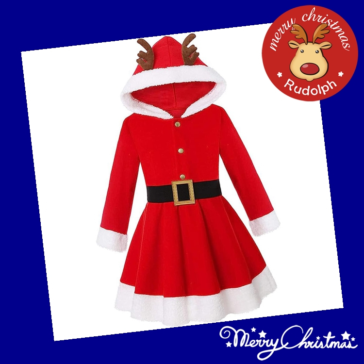 7C341 ชุดเด็ก ชุดซานตาครอส ชุดแซนตี้ ชุดคริสต์มาส เดรสแขนยาวมีฮู้ด Children Santy Santa claus Christmas Costume
