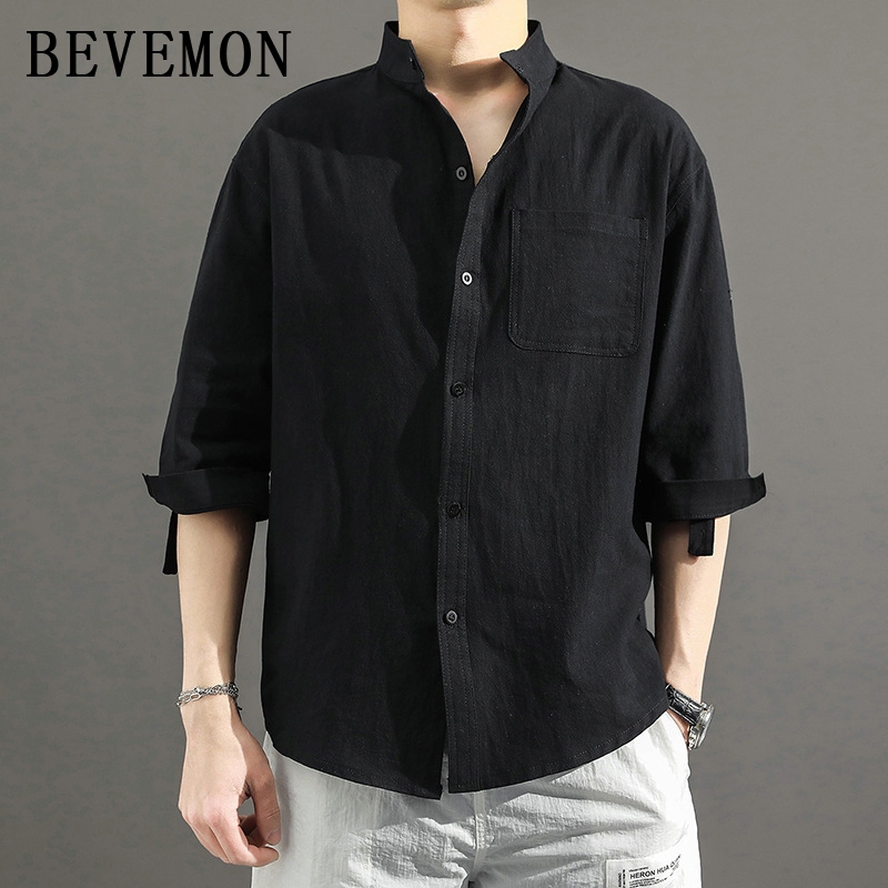 เสื้อลินินฤดูร้อน, เสื้อเชิ้ตแขน 3/4 ของผู้ชาย,  , สีดำ，M-5XL（1020）