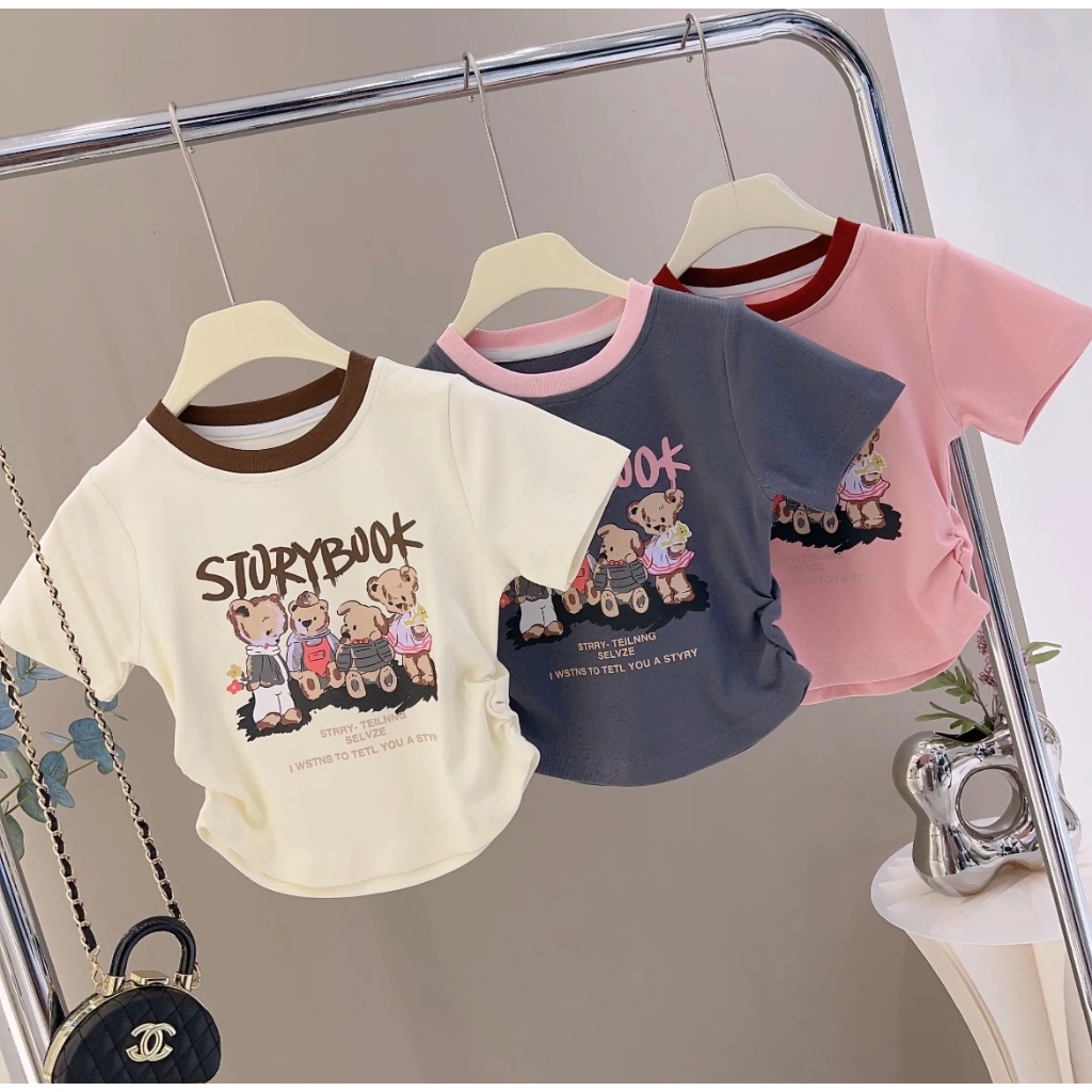 PRINCESS KESLI เสื้อเด็กผู้หญิง เสื้อยืดแขนสั้น พิมพ์ลายหมี เชือกรูดเอว 2-9 ขวบ