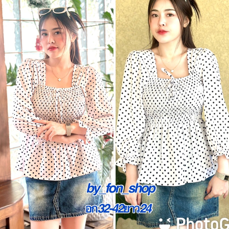 เสื้อสม็อครอบอกผ้าไหมอิตาลีพิมพ์ลายจุดแขนยาว5 ส่วน