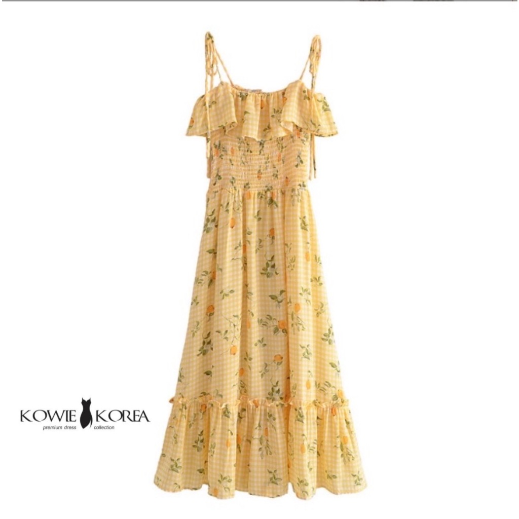 Kowie Korea ( 371 ) Veeda เดรสยาวสีเหลืองสายเดี่ยวสม็อคช่วงอก ผูกโบว์ไหล่