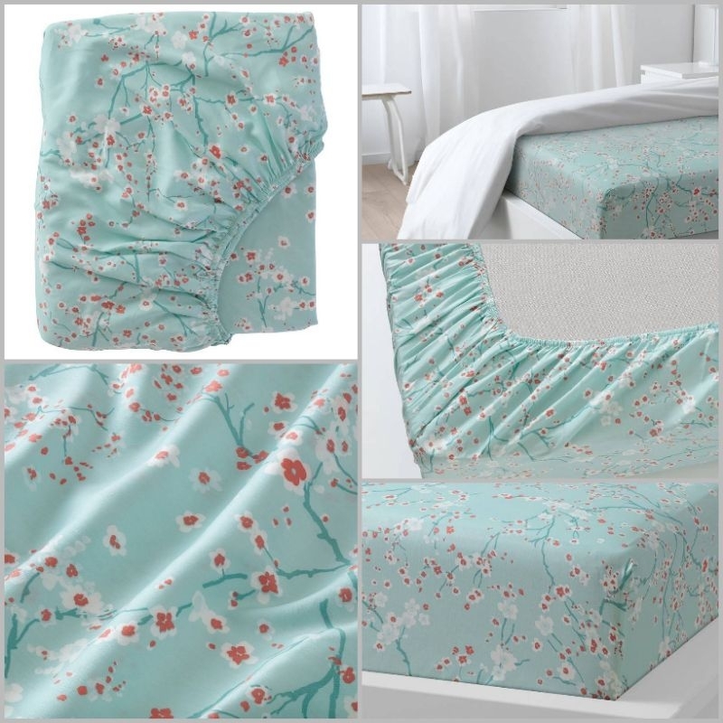 IKEA​ ผ้าปูที่นอนรัดมุม​ ผ้าปูที่นอน​ ASKLÖNN, NÄSSELKLOCKA, JÄTTEVALLMO