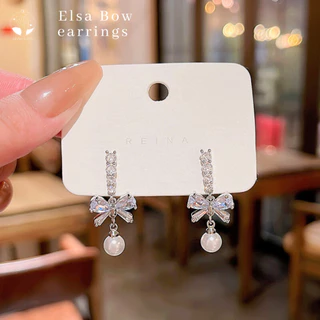 MNL💗ต่างหูแบบแป้น Elsa Bow โบว์เพชรประดับมุก เครื่องประดับผู้หญิง แฟชั่นเงินแท้ ไม่ลอกดำ มินิมอล เกาหลี ของขวัญ วันเกิด
