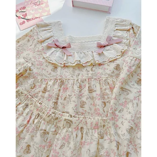 [JisellaShop] ชุดนอนแขนขายาวเซท2ชิ้น Free size อก40“ คอระบายลูกไม้ ติดโบว์ชมพูเพิ่มความหวาน น่ารักมากก💕