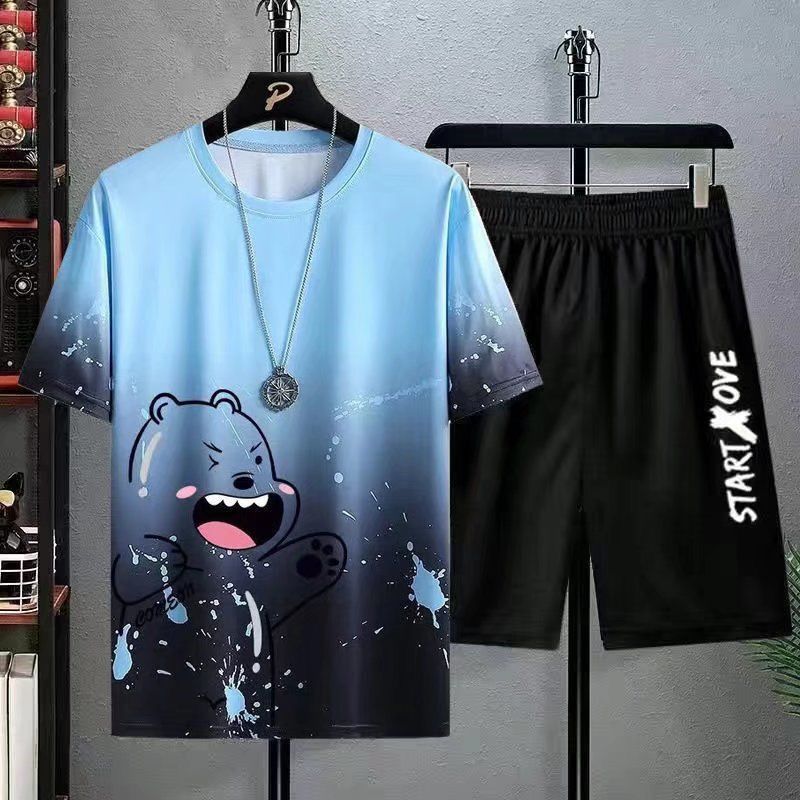 Se7en shop ชุดเซ็ตผู้ชาย ชุดแฟชั่นชาย เสื้อยืดแขนสั้น กางเกงวอร์มขาสั้น ดชุดสูทผู้ชาย ฤดูร้อนใหม่ภูเขาหิมะพิมพ์แนวโน้มแฟ