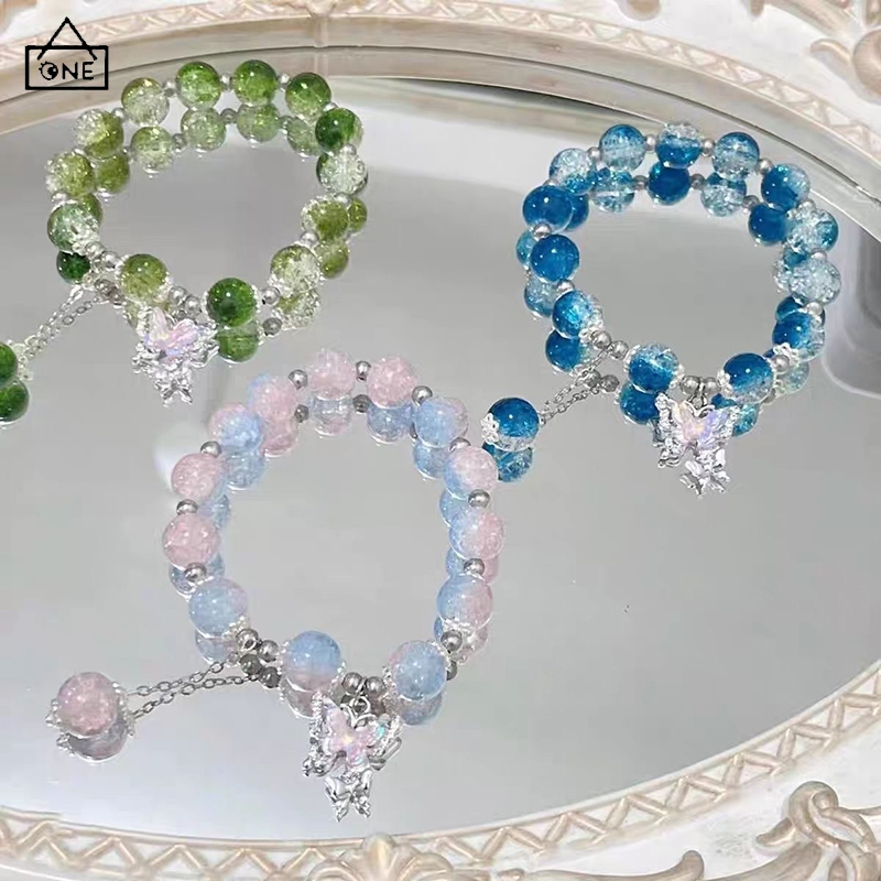 COD สร้อยข้อมือลูกปัดคริสตัลไล่โทนสีที่มีสีสันจี้ผีเสื้อเกาหลีหวานแฟชั่นหรูหราเครื่องประดับสำหรับผู้หญิง-a.one