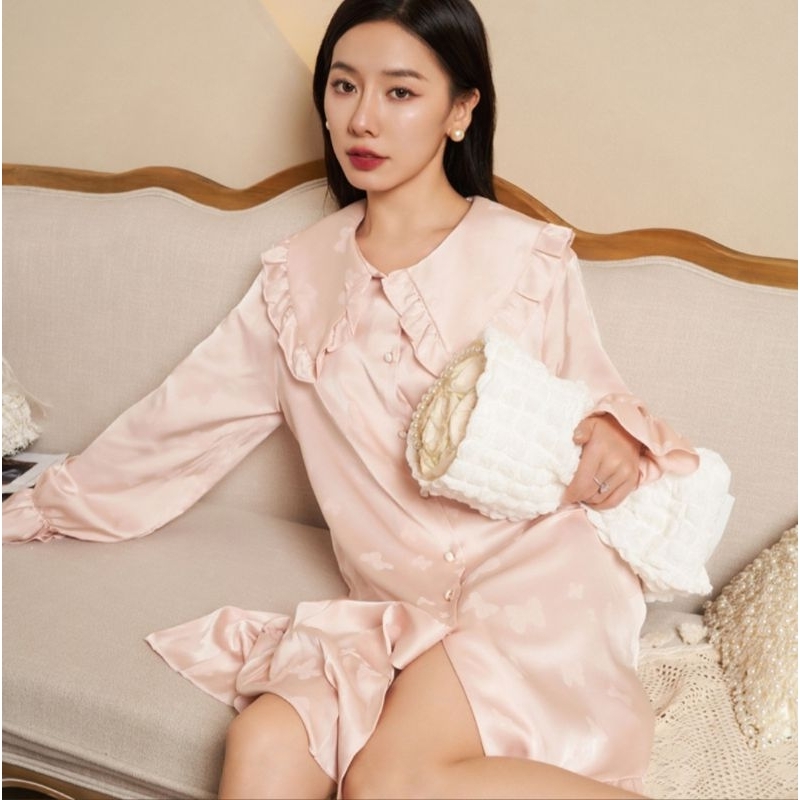 ชุดนอนเดรส Lauren dress pajamas Peach (premium silk satin)