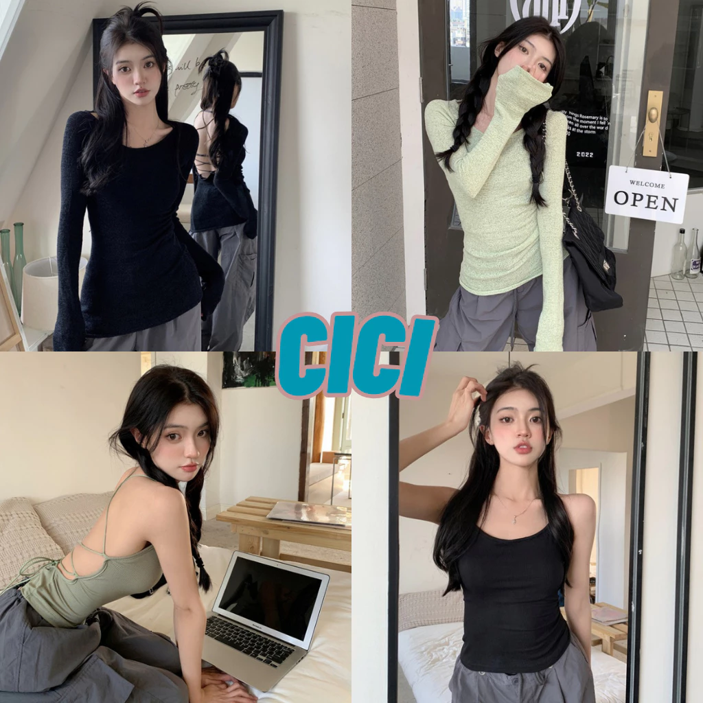 ส่งทันที Cici(ขายแยกชิ้น186+1846)Set2ชิ้น เสื้อเเขนยาวเว้าหลัง+สายเดี่ยวเว้าหลัง ผ้าไหมพรม สายปรับได้ สาวเซ็กซี่ห้ามพลาด