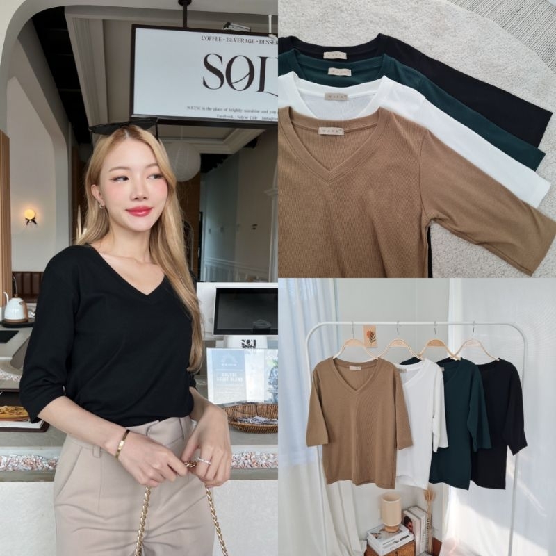 [ C31 ] WARA เสื้อคอวีแขนศอกผ้าร่อง ผ้าไม่ต้องรีด