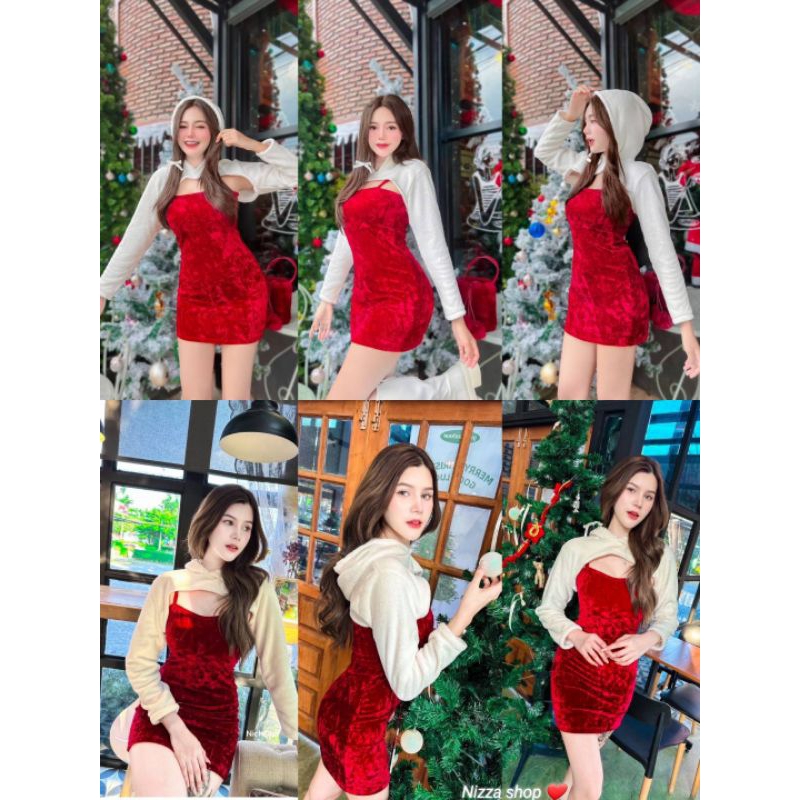 ชุดแซนตี้ Minidress สายเดี่ยว สีแดงสดผ้ากำมะหยี่แต่งเสื้อคลุมขนปุยมีฮู้ดน่ารักๆ
