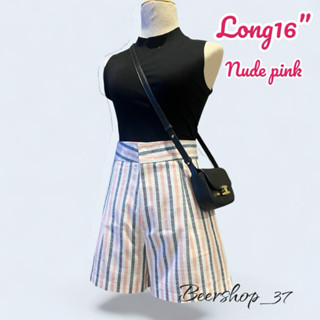 กางเกงขาสั้นเอวสูงลายทาง ผ้าลินินตะขอหน้าซิปหน้าS-3xl