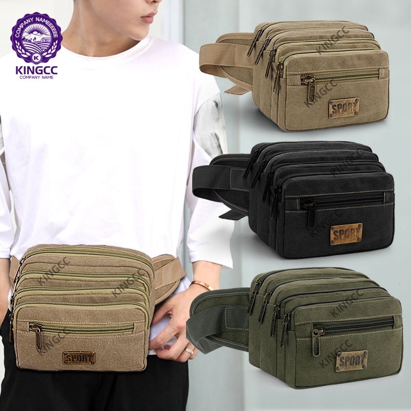 🔥กระเป๋าคาดเอว ผ้าแคนวาสหนา 7 ช่องซิป (นอก 6 ใน 1) สำหรับสุภาพบุรุษ สุภาพสตรี รุ่น ผ้าแคนวาสงานคุณภาพ