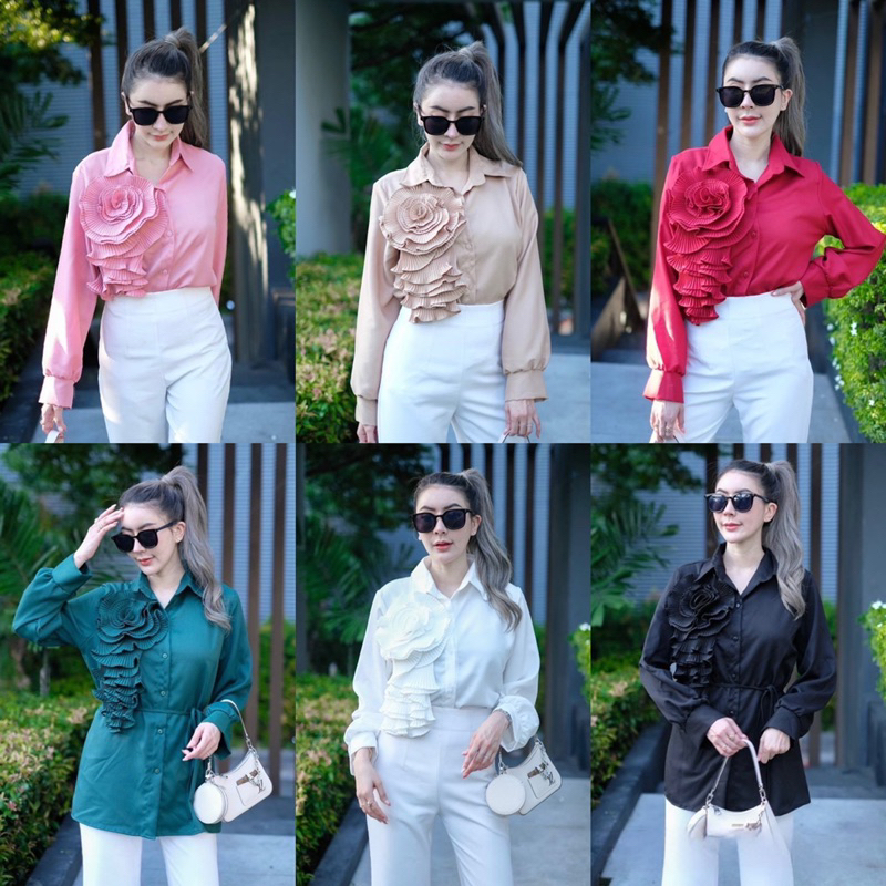#55S เสื้อเชิ้ตผู้หญิง เสื้อแต่งดอกไม้ ใส่ทำงาน