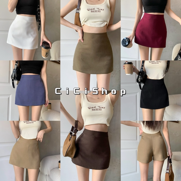 Cicishop(1017)กระโปรงกางเกงสั้น ผ้าโพลี ทรงสวยเข้ารูป มีซิปข้าง เเมทช์ได้หลายสไตล์