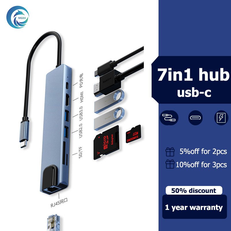 อะแดปเตอร์ฮับ 7-in-1 Type C HUB เป็น USB 3.0 + USB + HDMI 4K + USB-c + PD100w + RJ 45 100Mbps + SD/TF USB C HUB 3.5 มม