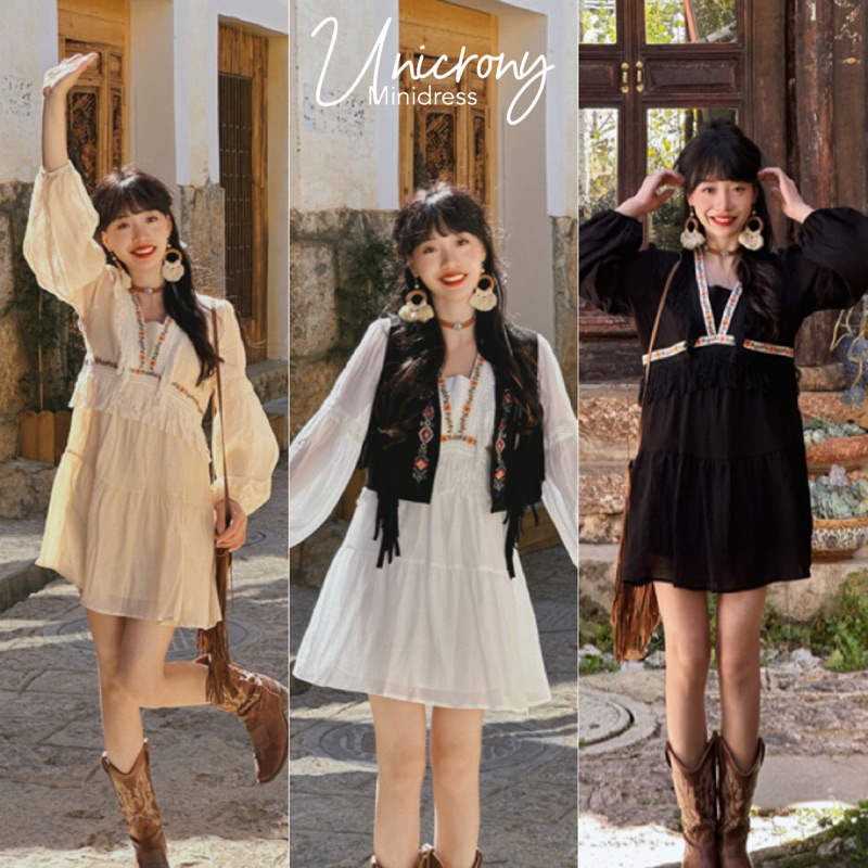Unicrony เดรสสั้นผ้าเปลือกไม้ แต่งพู่ ทรงแขนยาว งานน่ารัก สไตล์โบฮีเมียน Bohemians