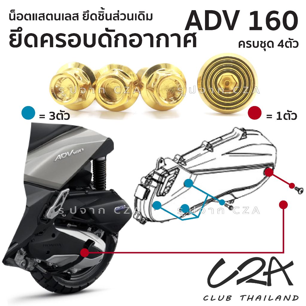 ชุดน็อตเลส ยึดดักอากาศ เดิม ADV160 งานสแตนเลส ชุดสี ฝาครอบดักอากาศ ADV160 งานเลสแท้ ราคาชุด 4ตัว