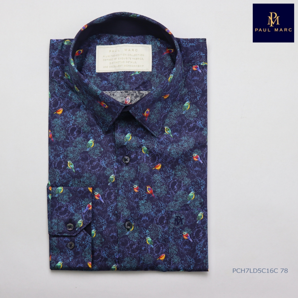 PAUL MARC เสื้อเชิ้ตลายพิมพ์กราฟฟิก สีน้ำเงิน ลายนก แขนยาว slim fit เนื้อผ้านุ่มพิเศษ รีดง่าย ยับยาก