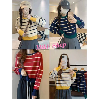 💕Miki-Shop*พร้อมส่ง*เสื้อแขนยาวไหมพรม ทรงหลวมตัดสีแมทได้ทุกสไตล์ผู้หญิง2693*