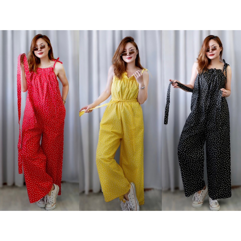 จั้มสูทขายาวผูกไหล่ลายจุด