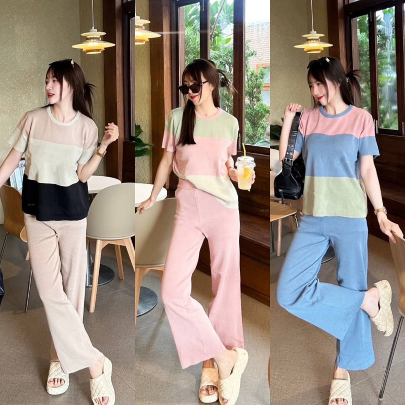 🌈SpinnyHouse🌈ชุดเซ็ต 2 ชิ้น เสื้ื้อไหมพรมแขนสั้น + กางเกงขากระบอก ผ้าไหมพรมยืดเยอะสุด สาวอวบก็ใส่ได้น้าค่า รุ่น แจ้งเหตุ