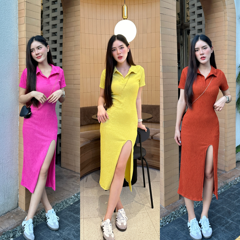 SpinnyHouse แม๊กซี่เดรส ผ้าเปลือกไม้ แต่งแหวกข้าง ใส่แ้ลวพรางหุ่นสุด ทรงคอปกโปโล รุ่น เดรสอารยา B-007-3-A