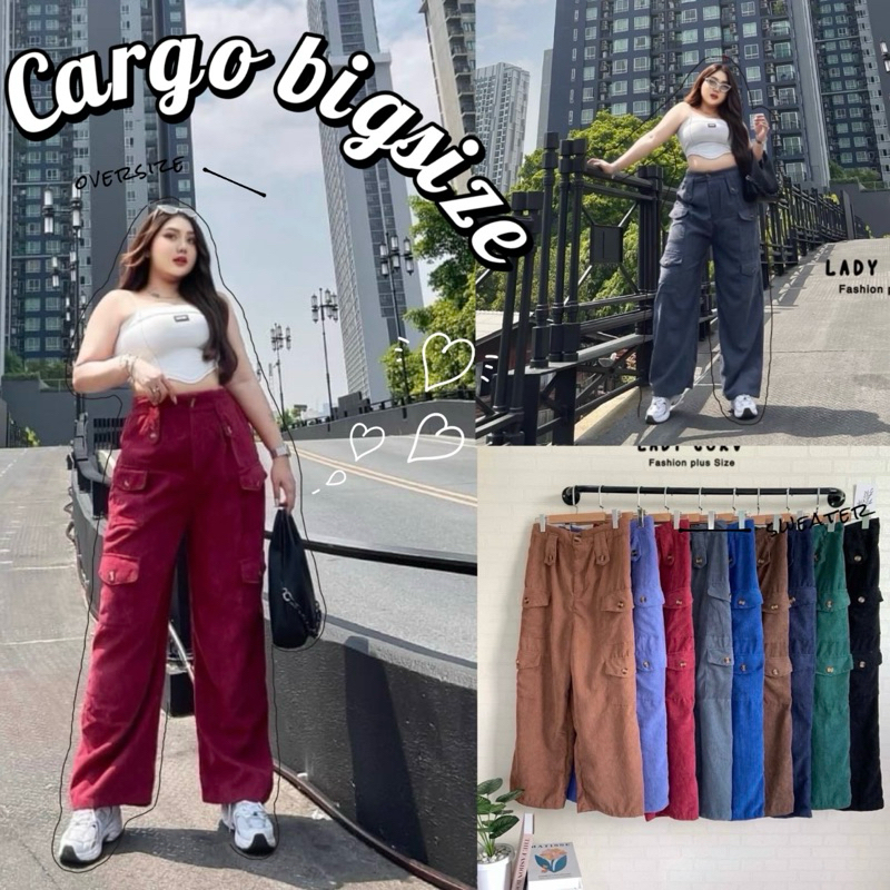 กางเกงขายาวคาร์โก้ ผ้าลูกฟูก แต่งอินธนูM-L-XL big size