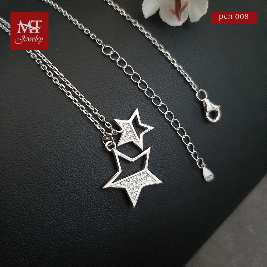 MT สร้อยคอพร้อมจี้ รูปดาวคู่ ประดับเพชรสวิส ชุบทองคำขาว ยาว 16 18 นิ้ว (pcn008) MT Jewelry มณีธารา