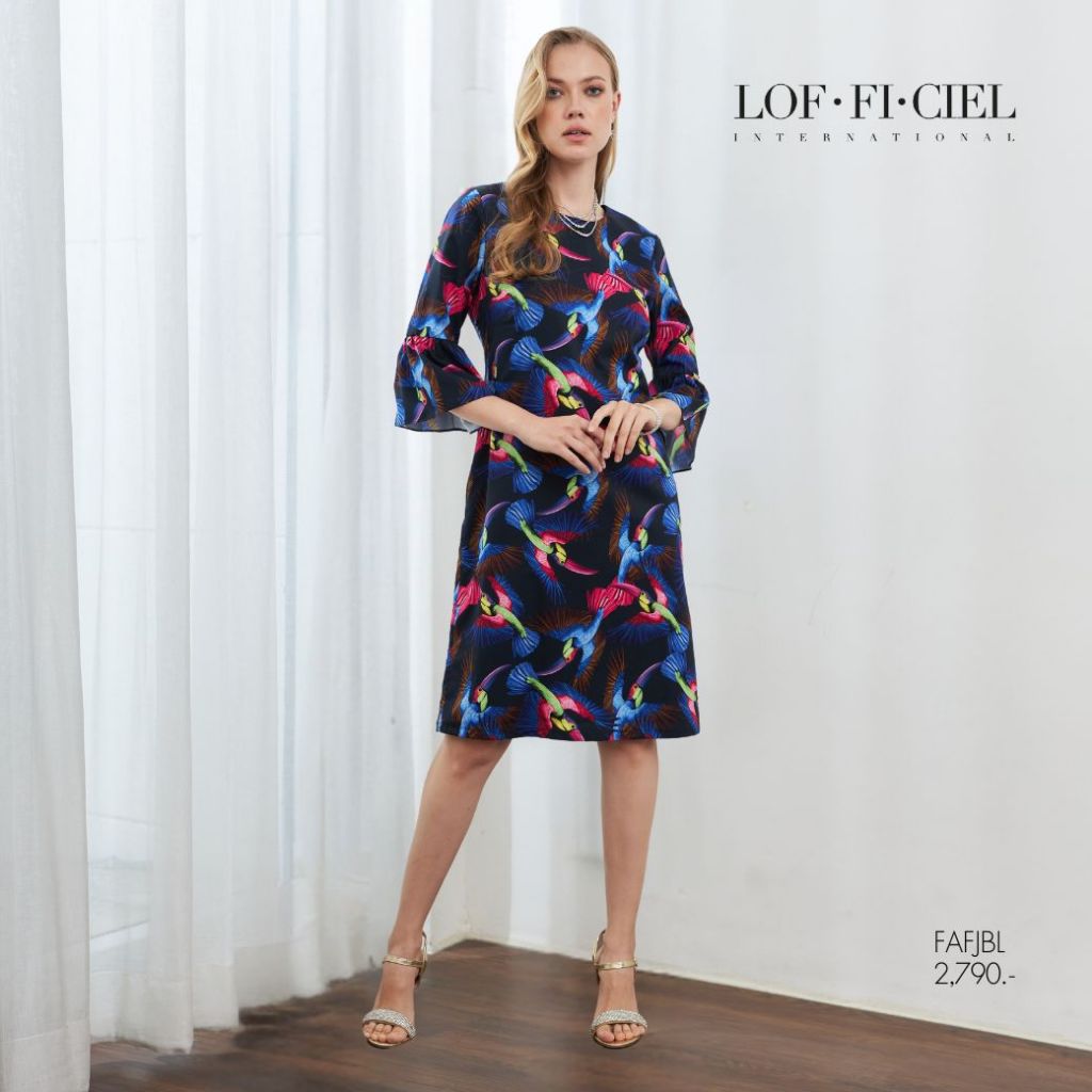 LOF-FI-CIEL  woman's dress Toucan bird เดรส คอกลม แขนระบาย  สีกรม FAFJBL