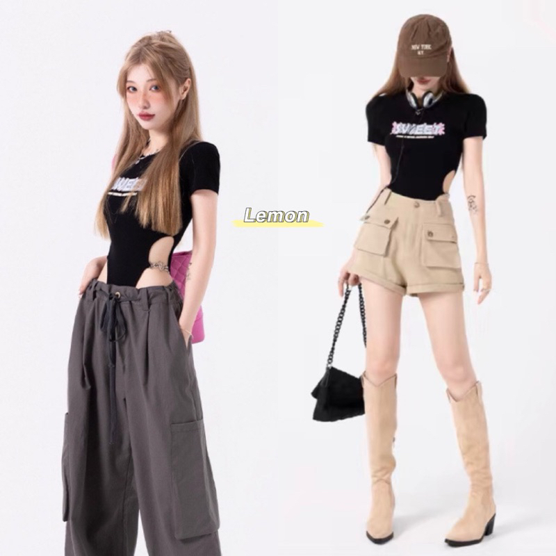 Lalisa พร้อมส่ง Y2K CROP TOPเสื้อท็อป เอวลอย เข้ารูป สีดํา Slimming หุนา มีไซร้ให้เลือก ์ทรงเข้ารูป สำหรับผู้หญิงผู้หญ