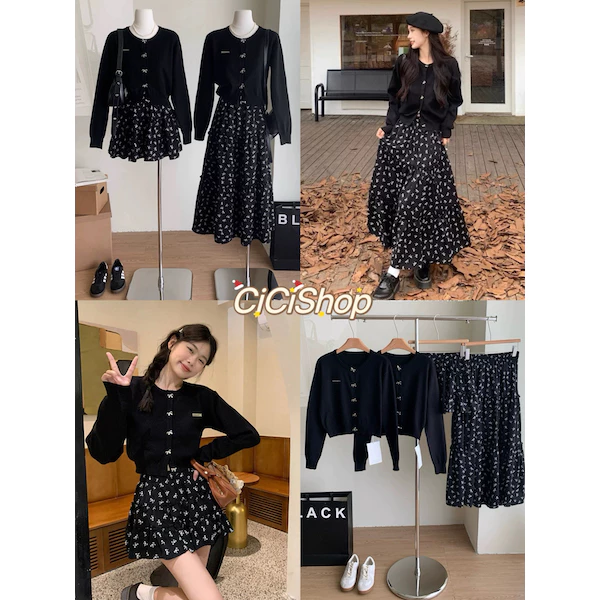 Cicishop(A1798+J880+J899)Bow Set เสื้อไหมพรมแขนยาวกระดุมโบว์+กระโปรงสั้น/ยาว ชายระบายลายโบว์ ใส่แมตช์น่ารัก