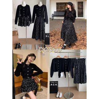 Cicishop(A1798+J880+J899)Bow Set เสื้อไหมพรมแขนยาวกระดุมโบว์+กระโปรงสั้น/ยาว ชายระบายลายโบว์ ใส่แมตช์น่ารัก