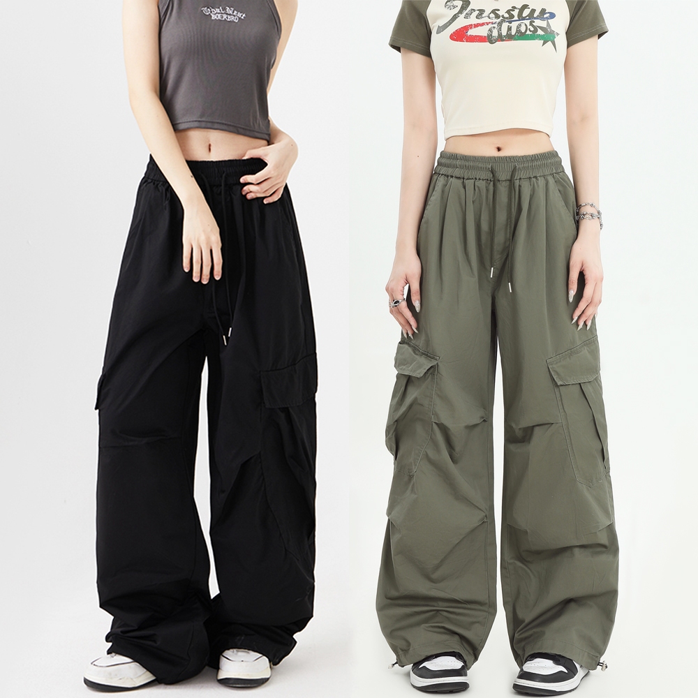 cherryshop🍓กางเกงคาโก้😊สีเขียวเอวสูงหลวมกางเกง cargo pantsสีดำ