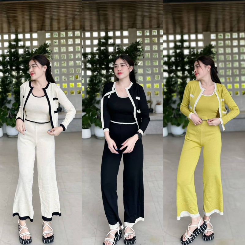 ชุดเซ็ต 3 ชิ้น เสื้อกล้าม + กางเกงขายาว พร้อมกับเสื้อคลุมแขนยาว 🎀 เนื้อผ้าไหมพรมนืด นุ่ม ผ้ายืดตามตัว รุ่น หลังคา