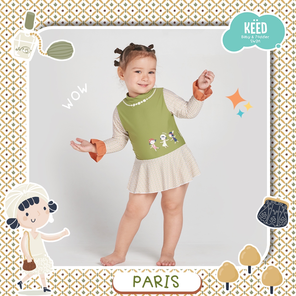 KEED : PARIS ชุดว่ายน้ำกระโปรง แขนยาว ตกแต่งสกรีนการ์ตูน ตกแต่งด้วยระบาย *123PA*