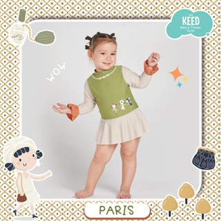 KEED : PARIS ชุดว่ายน้ำกระโปรง แขนยาว ตกแต่งสกรีนการ์ตูน ตกแ…