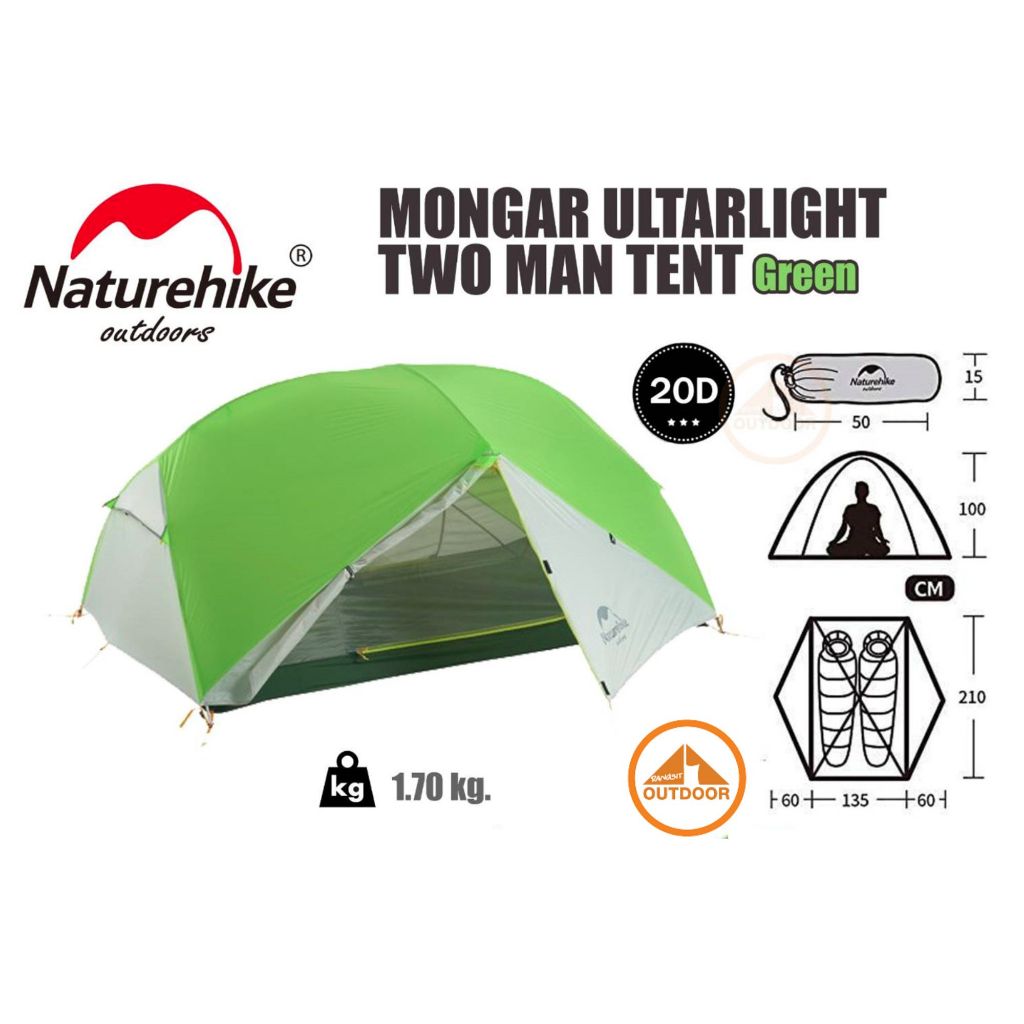 NatureHike Mongar Ultralight two man tent #Green เต้นท์เดินป่านำ้หนักเบา ขนาด 2 คน ของแท้ประกันศูนย์
