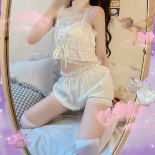 PolarNight ชุดนอนเซต ชุดอยู่บ้าน ใส่สบาย ตกแต่งลูกไม้ สายสะพายไหล่ปรับได้ พร้อมส่งจากไทย（H5092）