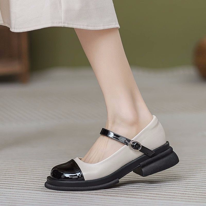รองเท้าแมรี่เจน Mary Janes ส้นเตี้ย หนังเทียม หัวสี่เหลี่ยม สไตล์อังกฤษวินเทจ สําหรับผู้หญิง