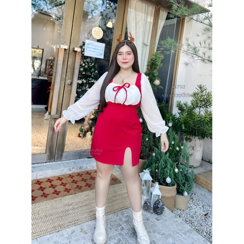 เดรสสาวอวบ ตรีมตรุษจีน อก38-45” ผ้าวูลเวฟแต่งแขนชีฟอง ฮ975