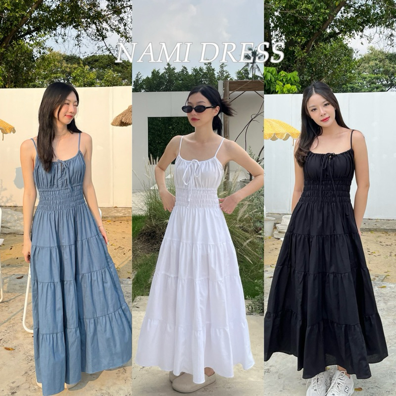 NAMI DRESS - เดรสยาวสายเดี่ยวสม้อคเอว ยืดได้เยอะ ปลายระบาย (nita.bkk)