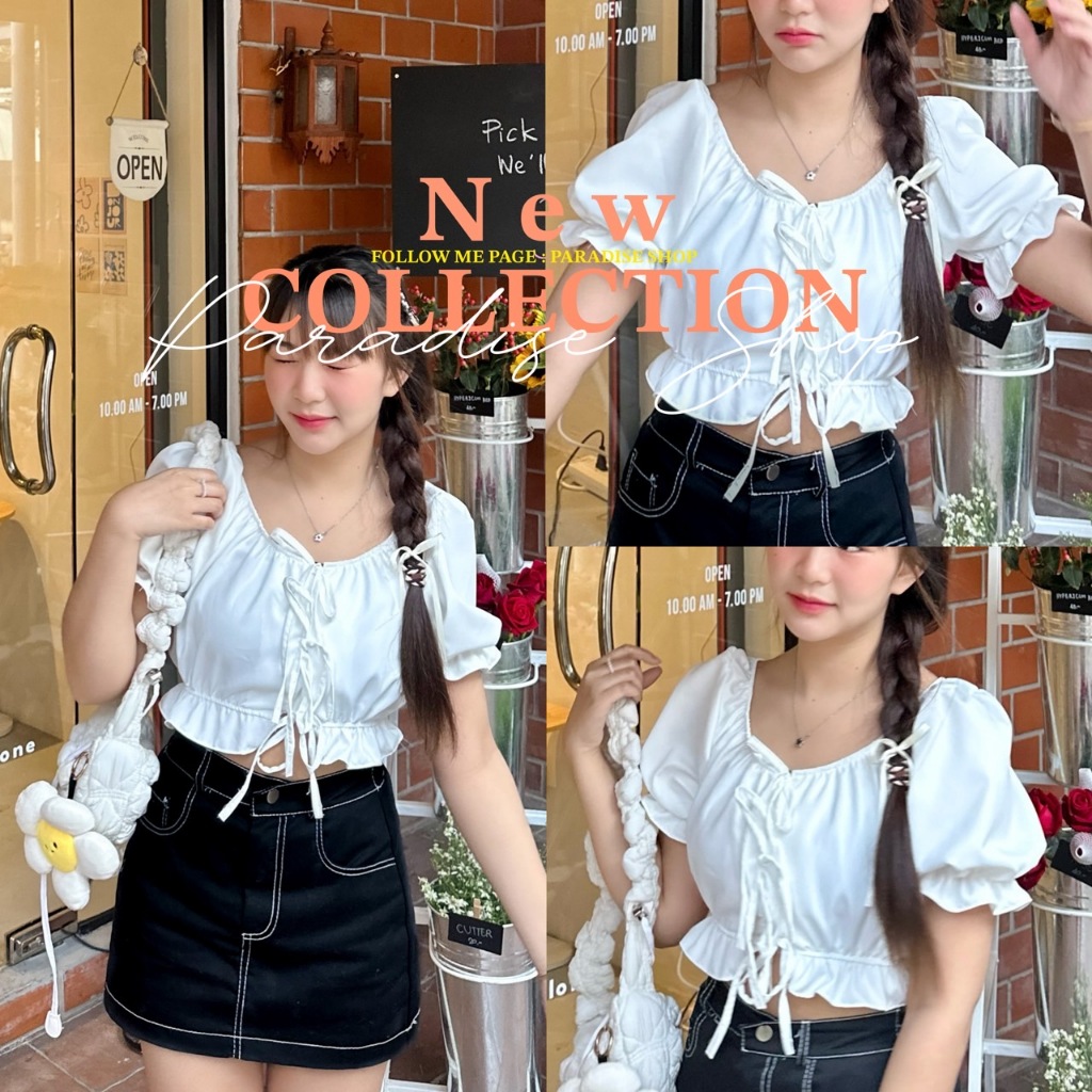 Paradise – เสื้อครอปแขนตุ๊กตาผูกโบว์หน้า | ฟรีไซส์ อก 30-38